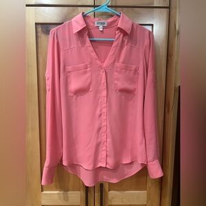 Express peach coral pink button down v neck portfolio blouse shirt XS